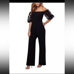 Elegant Black XSCAPE Floral-Sleeve Off-Shoulder Jumpsuit